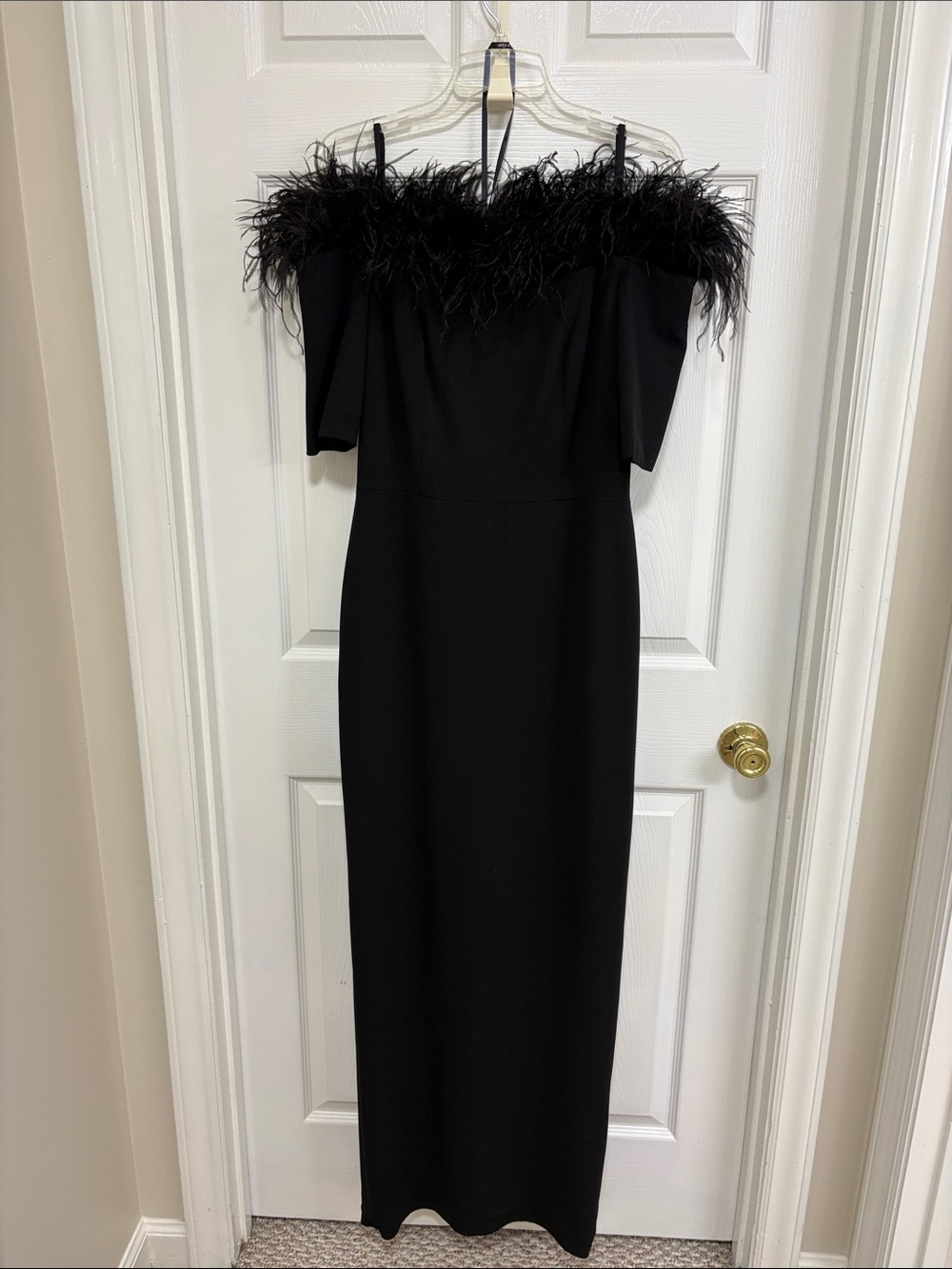 Calvin Klein Black Off-Shoulder Feather-Trim Gown - Picture 1 of 2